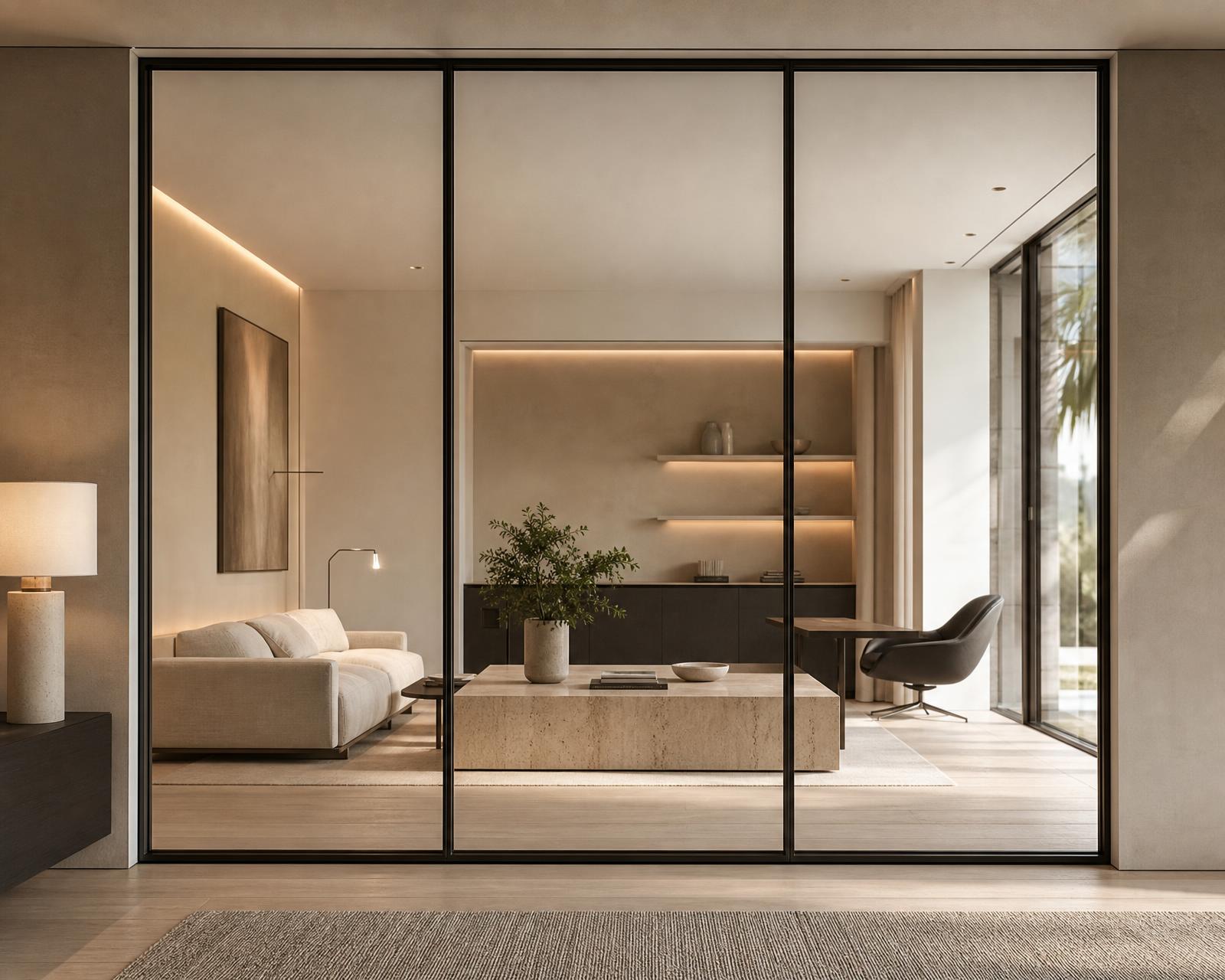 Interactive visualization: a three-pane interior glass partition wall in a modern South Florida interior, shown switching between clear and frosted states